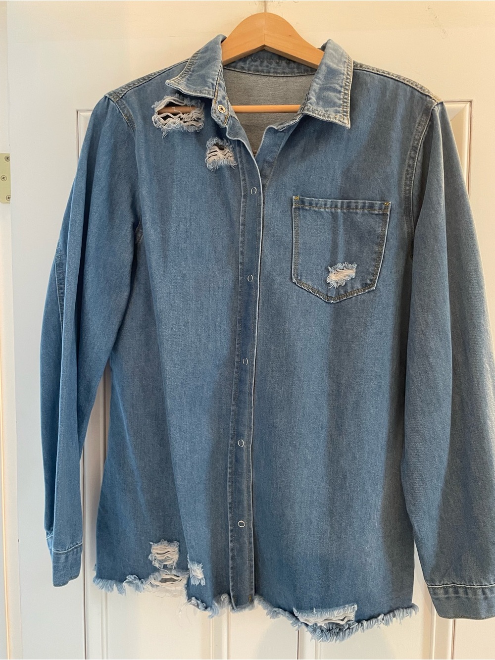 Amazon Distressed Light Blue Denim Button-Down Shirt